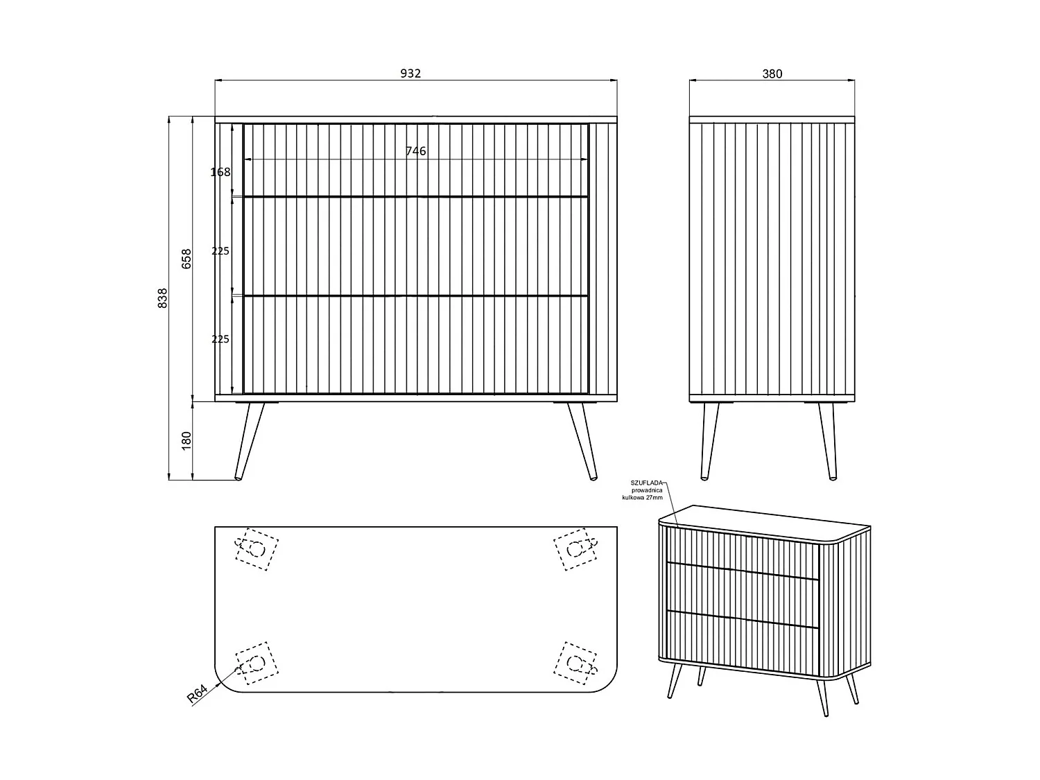 Commode - 93 cm - 3 tiroirs - grège - OVARLO
