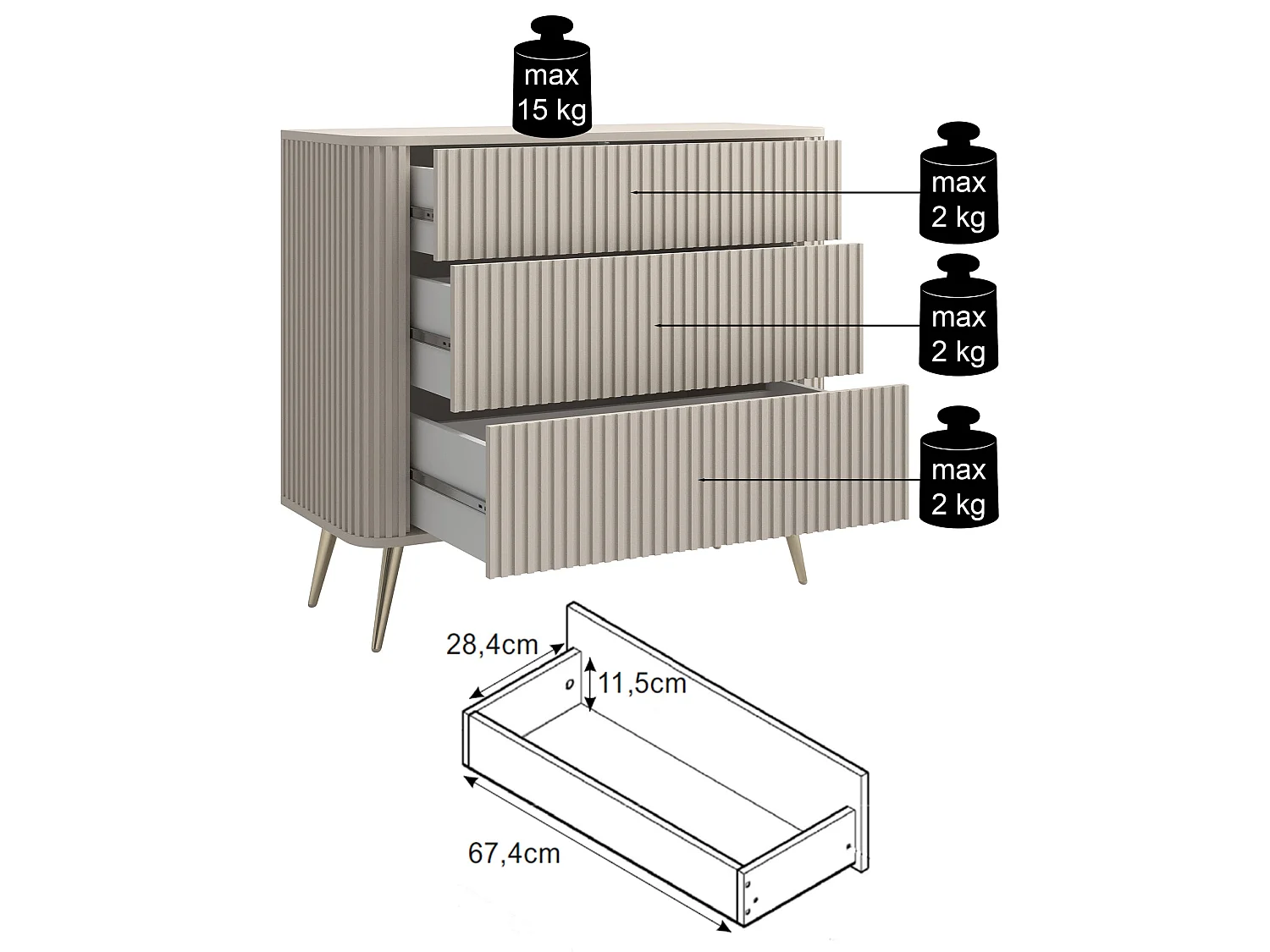 Commode - 93 cm - 3 tiroirs - grège - OVARLO