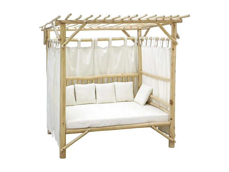 Lit d'extérieur en teck naturel et coton blanc