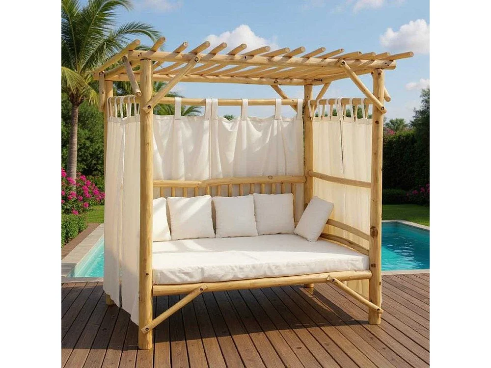 Lit d'extérieur en teck naturel et coton blanc