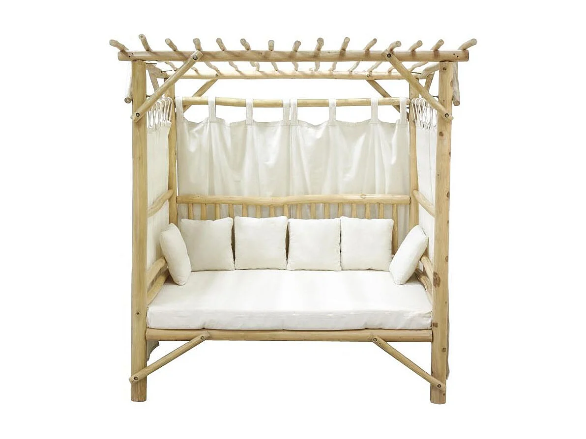 Lit d'extérieur en teck naturel et coton blanc