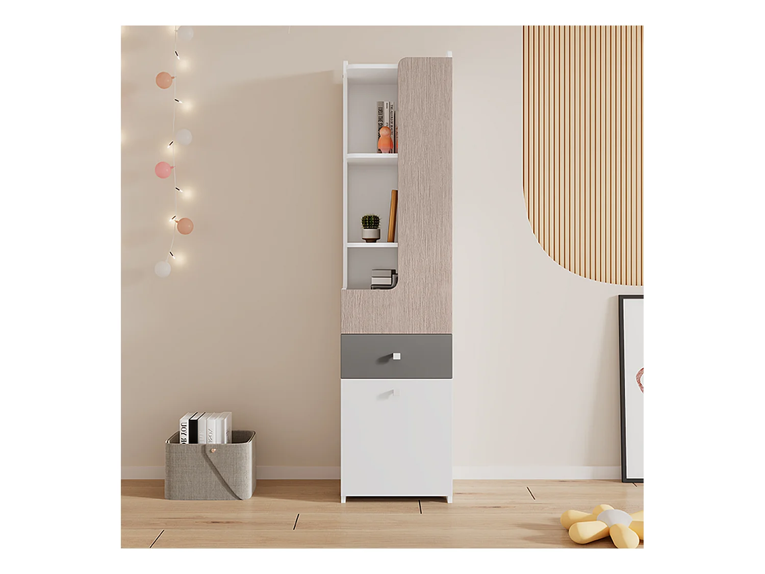 Buffet haut avec 2 portes battantes et un tiroir - bois MDF - coloris blanc + orme clair + gris
