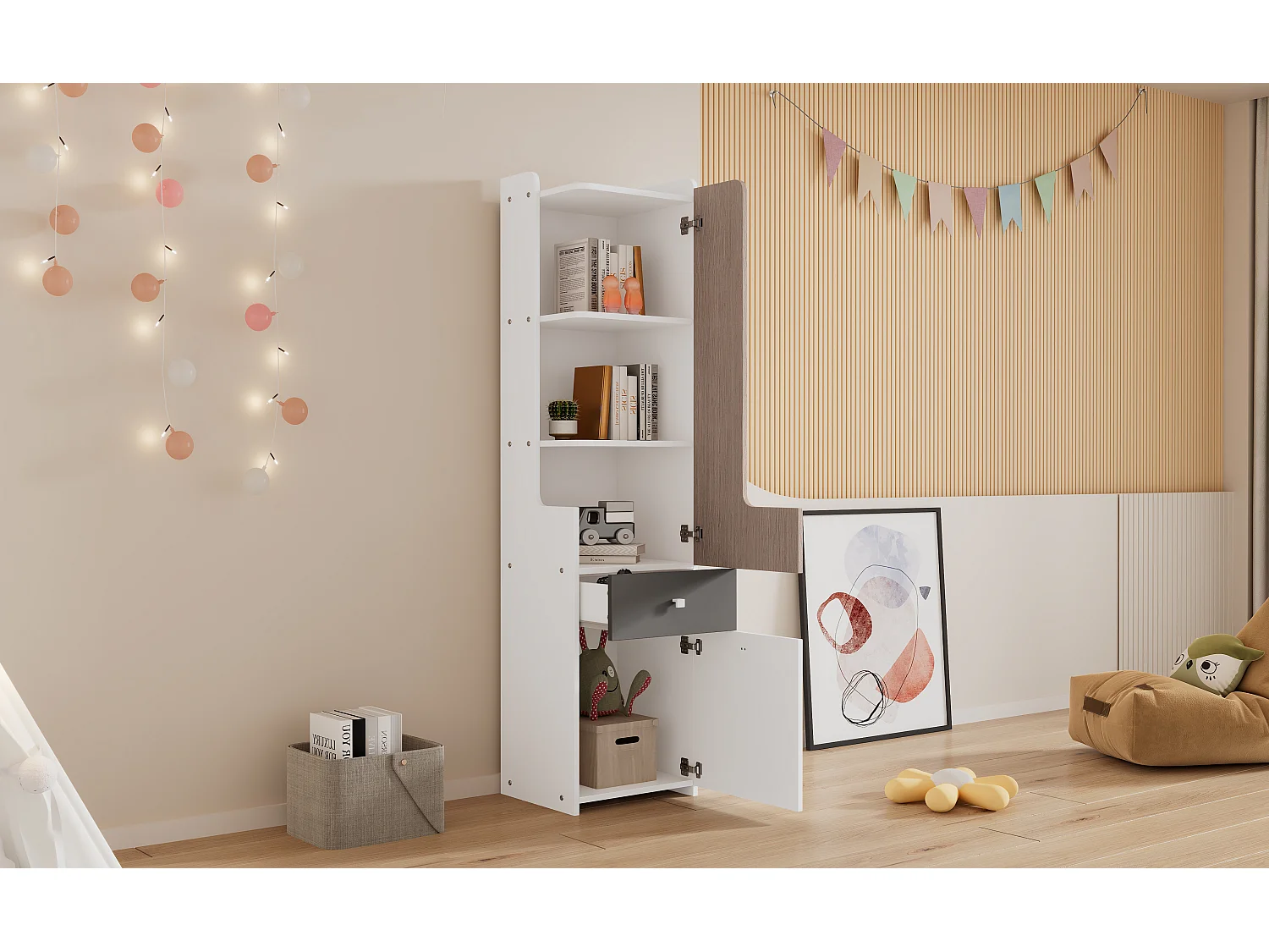 Credenza alta con 2 ante battenti e un cassetto - legno MDF - colore bianco + olmo chiaro + grigio