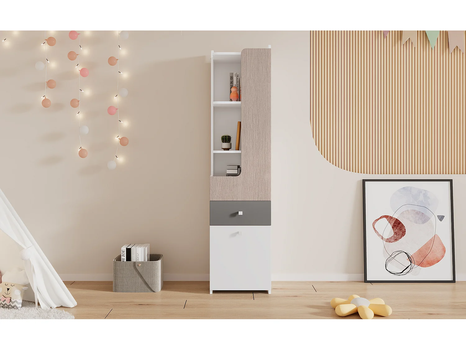 Credenza alta con 2 ante battenti e un cassetto - legno MDF - colore bianco + olmo chiaro + grigio