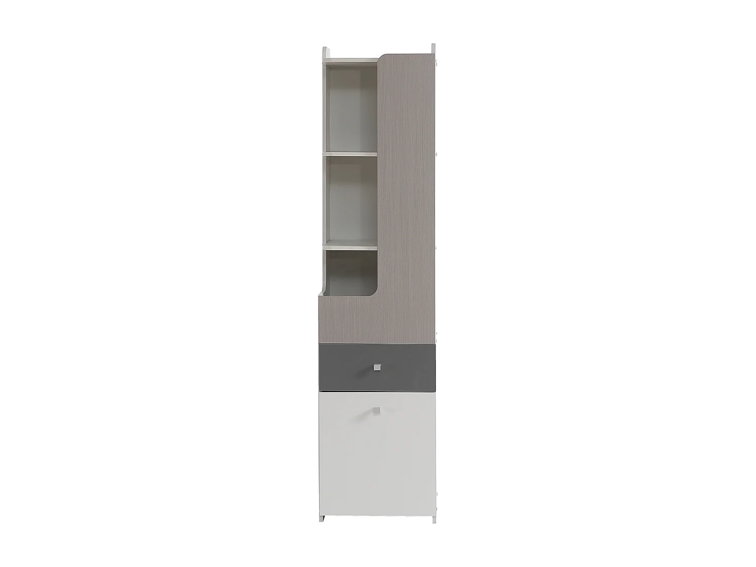 Credenza alta con 2 ante battenti e un cassetto - legno MDF - colore bianco + olmo chiaro + grigio