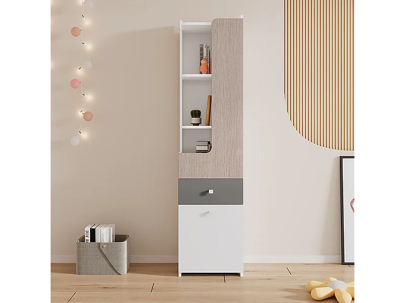 Hoog dressoir met 2 draaideuren en een lade - MDF hout - kleur wit + licht iep + grijs