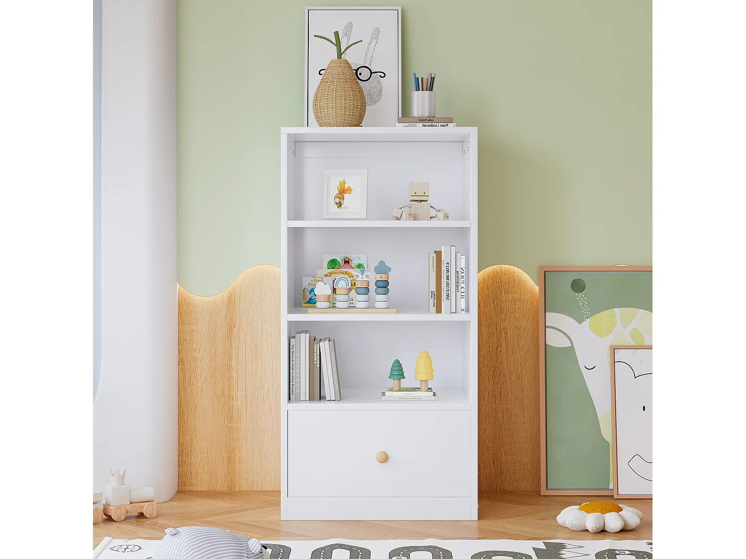 Aparador Alto, Librería, Estantería con Tres Baldas y un Cajón, Guías Silenciosas, para Dormitorio, Salón, MDF, Blanco