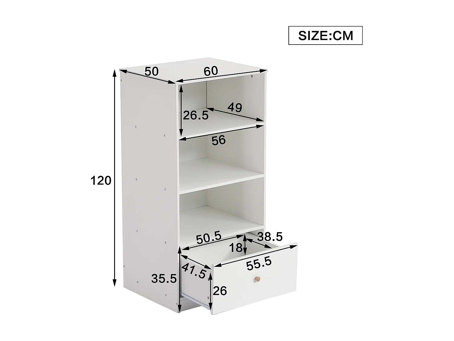 Aparador Alto, Librería, Estantería con Tres Baldas y un Cajón, Guías Silenciosas, para Dormitorio, Salón, MDF, Blanco