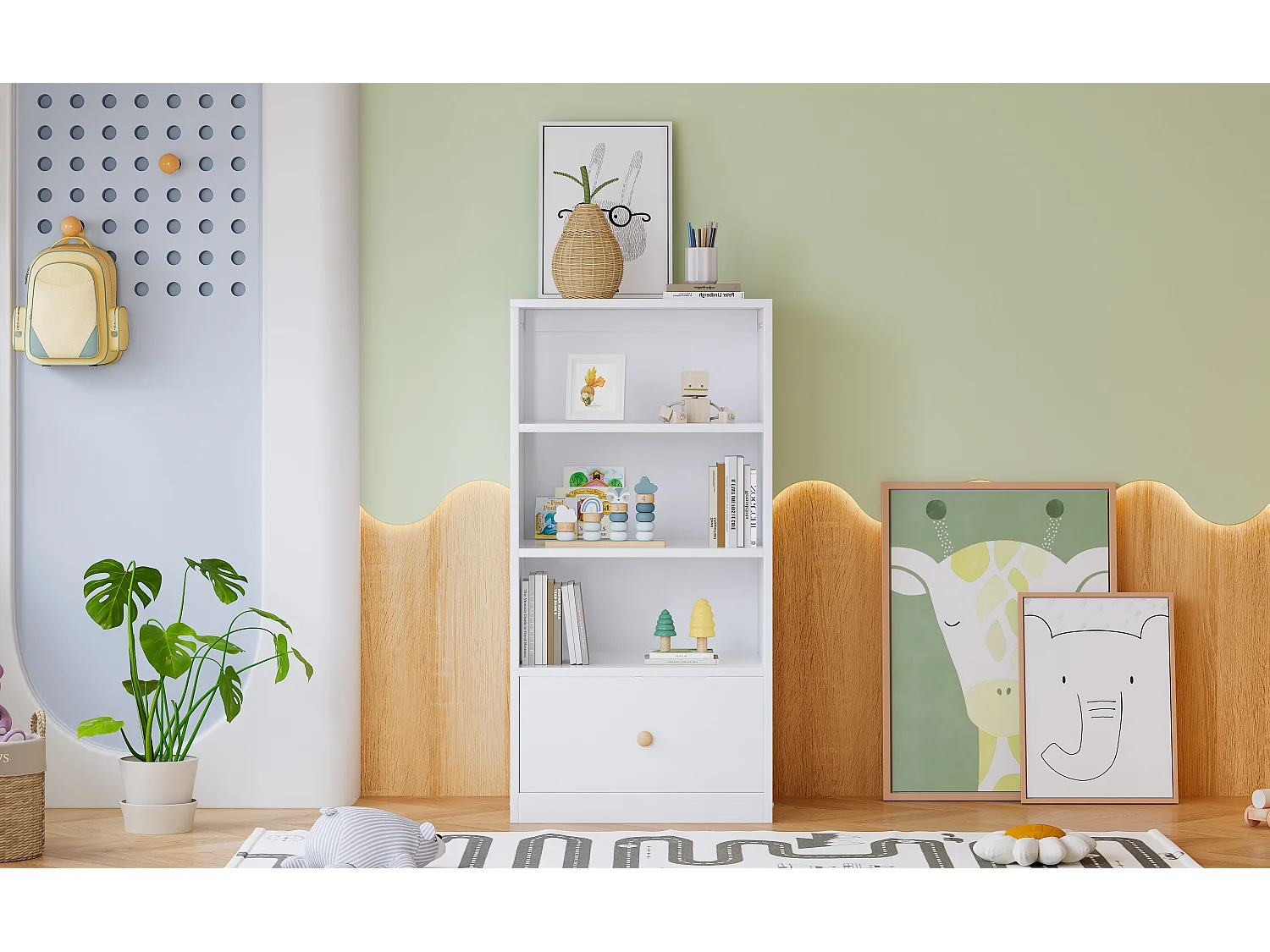Aparador Alto, Librería, Estantería con Tres Baldas y un Cajón, Guías Silenciosas, para Dormitorio, Salón, MDF, Blanco