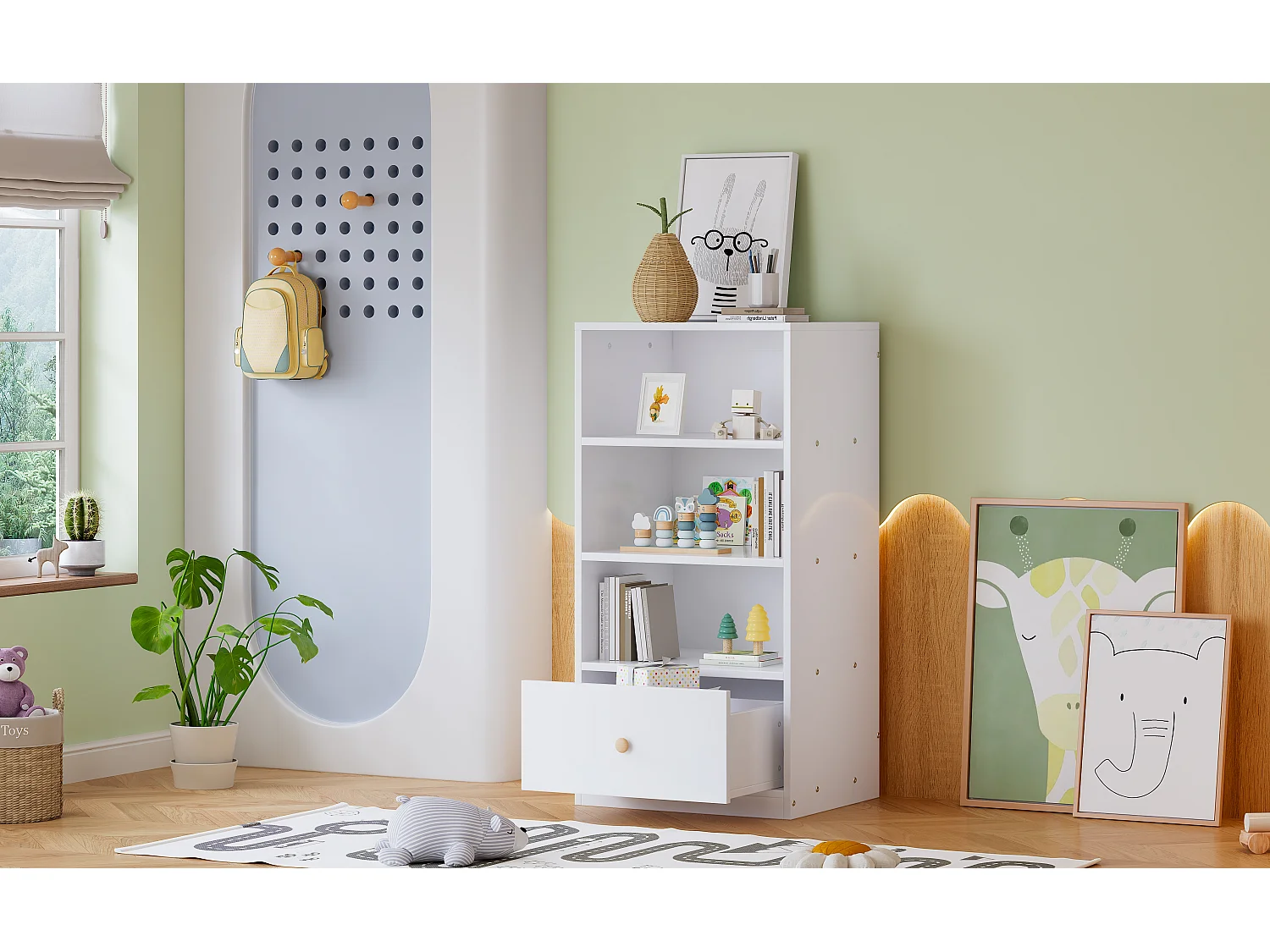 Aparador Alto, Librería, Estantería con Tres Baldas y un Cajón, Guías Silenciosas, para Dormitorio, Salón, MDF, Blanco