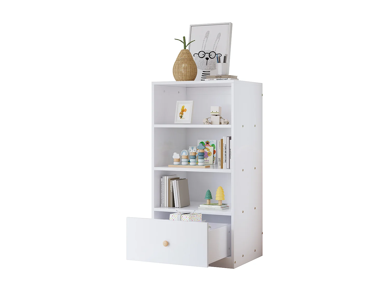 Aparador Alto, Librería, Estantería con Tres Baldas y un Cajón, Guías Silenciosas, para Dormitorio, Salón, MDF, Blanco