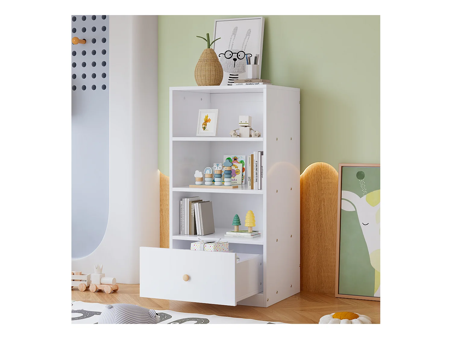 Buffet haut, Bibliothèque, étagère avec trois étagères et un tiroir, coulisses silencieuses, pour chambre à coucher, salon, MDF, blanc