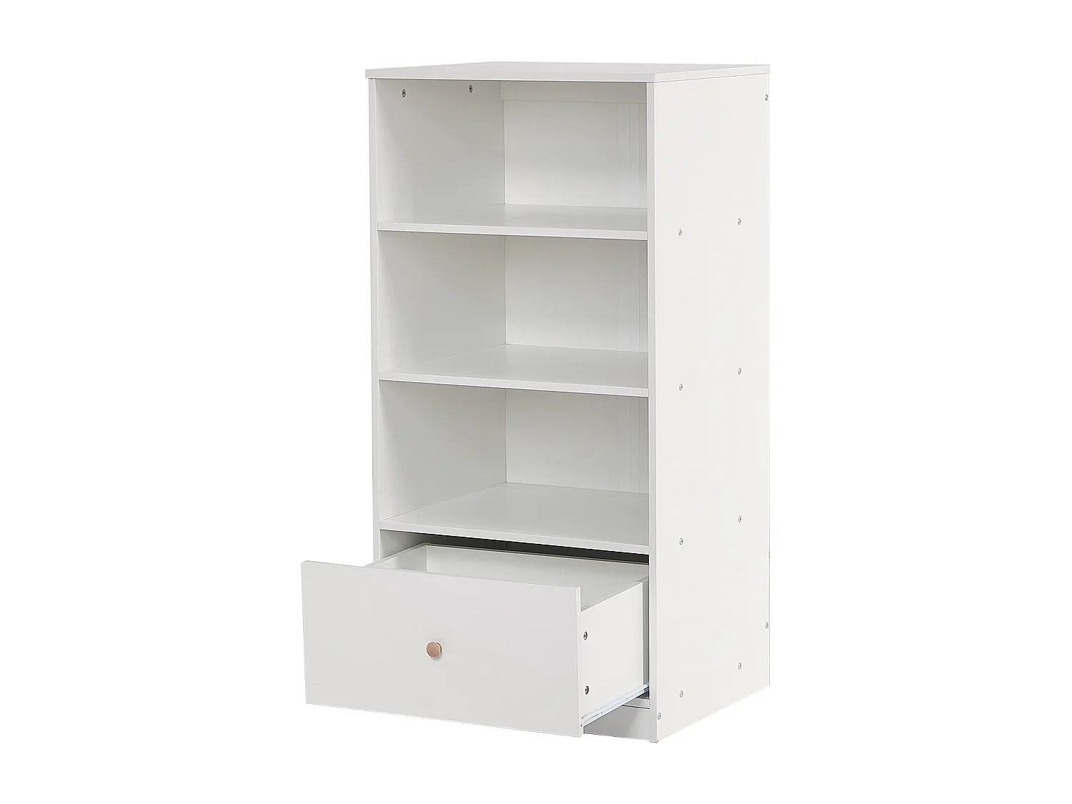Buffet haut, Bibliothèque, étagère avec trois étagères et un tiroir, coulisses silencieuses, pour chambre à coucher, salon, MDF, blanc