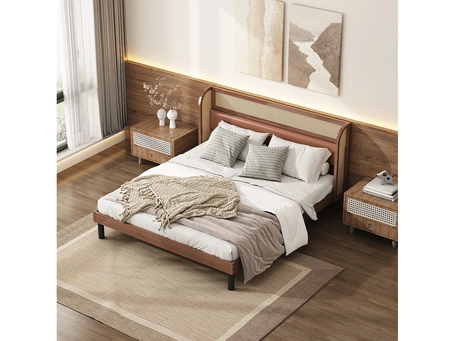 Lit double 160 x 200 cm avec tête de lit en rotin - Cuir PU - Coloris noyer