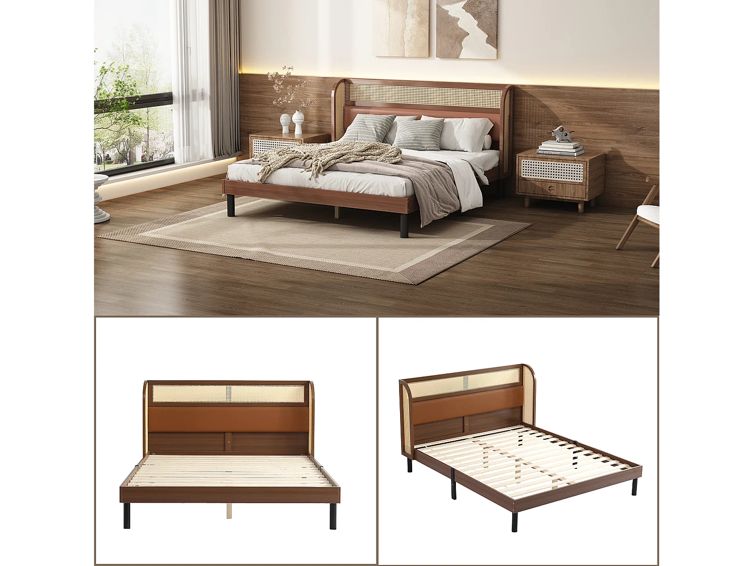 Lit double 160 x 200 cm avec tête de lit en rotin - Cuir PU - Coloris noyer