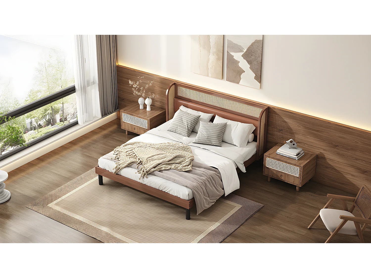 Lit double 160 x 200 cm avec tête de lit en rotin - Cuir PU - Coloris noyer