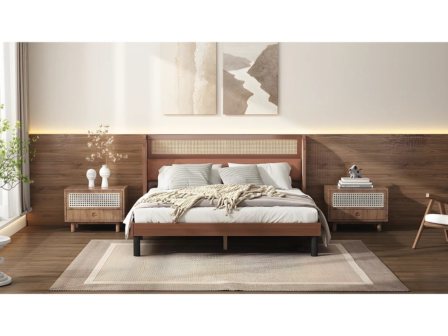 Lit double 160 x 200 cm avec tête de lit en rotin - Cuir PU - Coloris noyer