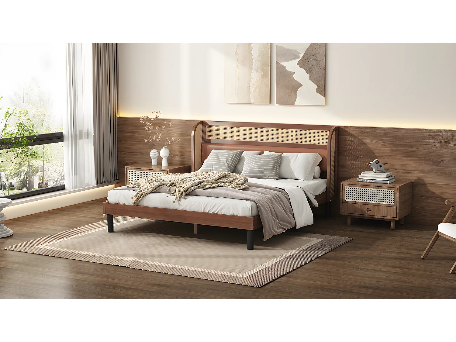 Lit double 160 x 200 cm avec tête de lit en rotin - Cuir PU - Coloris noyer