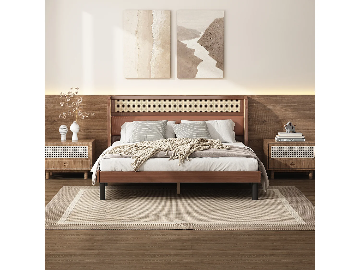 Lit double 160 x 200 cm avec tête de lit en rotin - Cuir PU - Coloris noyer