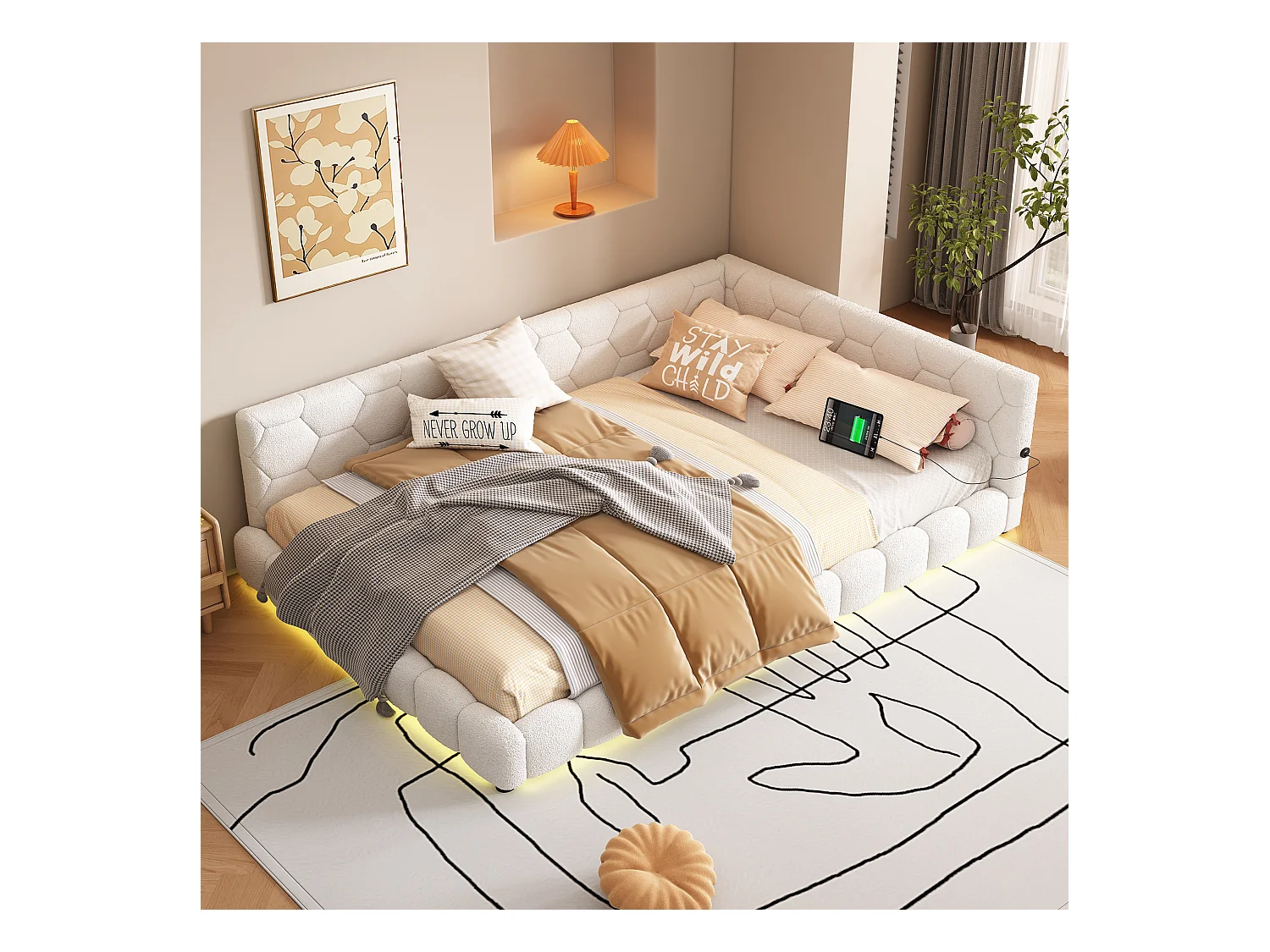 Lit capitonné 140 x 200 cm avec tête de lit pour adulte - LEDs + port USB - Tissu en peluche - Blanc