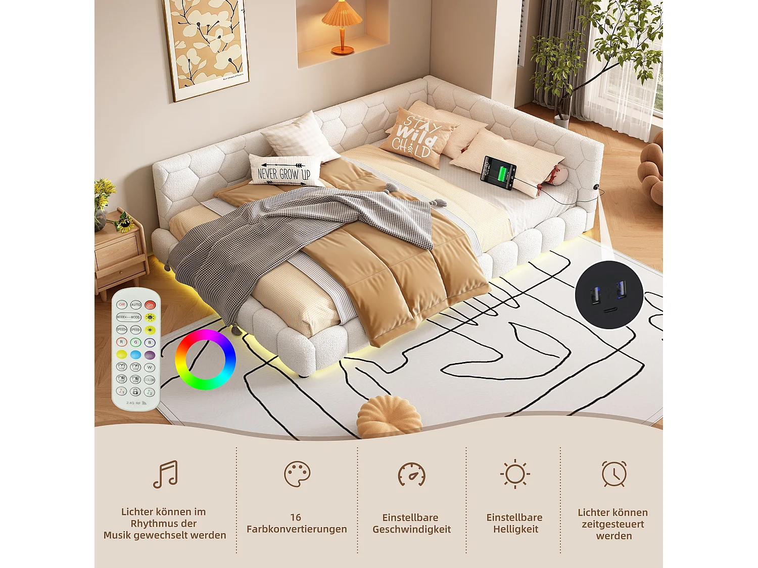 Cama estofada 140 x 200 cm com cabeceira para adulto - LEDs + porta USB - Tecido felpudo - Branco