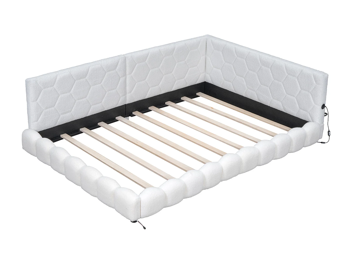 Cama estofada 140 x 200 cm com cabeceira para adulto - LEDs + porta USB - Tecido felpudo - Branco
