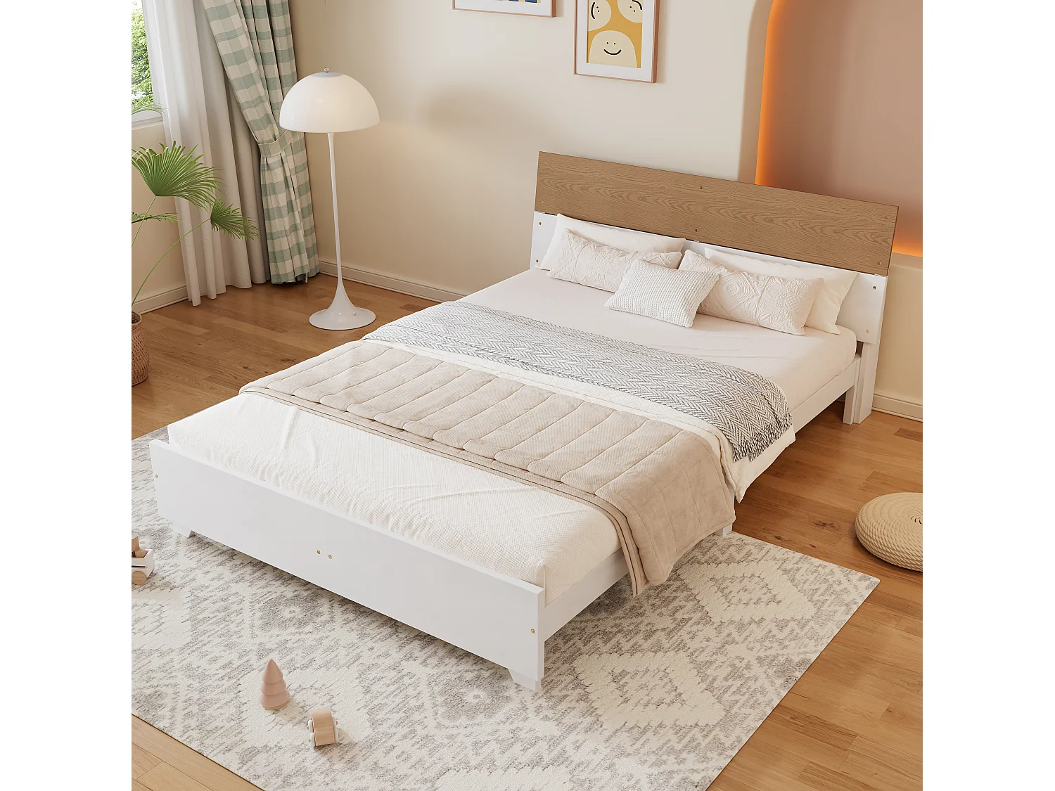 Lit double adulte 160 x 200 cm avec tête de lit aux couleurs contrastées - bois de pin et MDF - Coloris: blanc + naturel