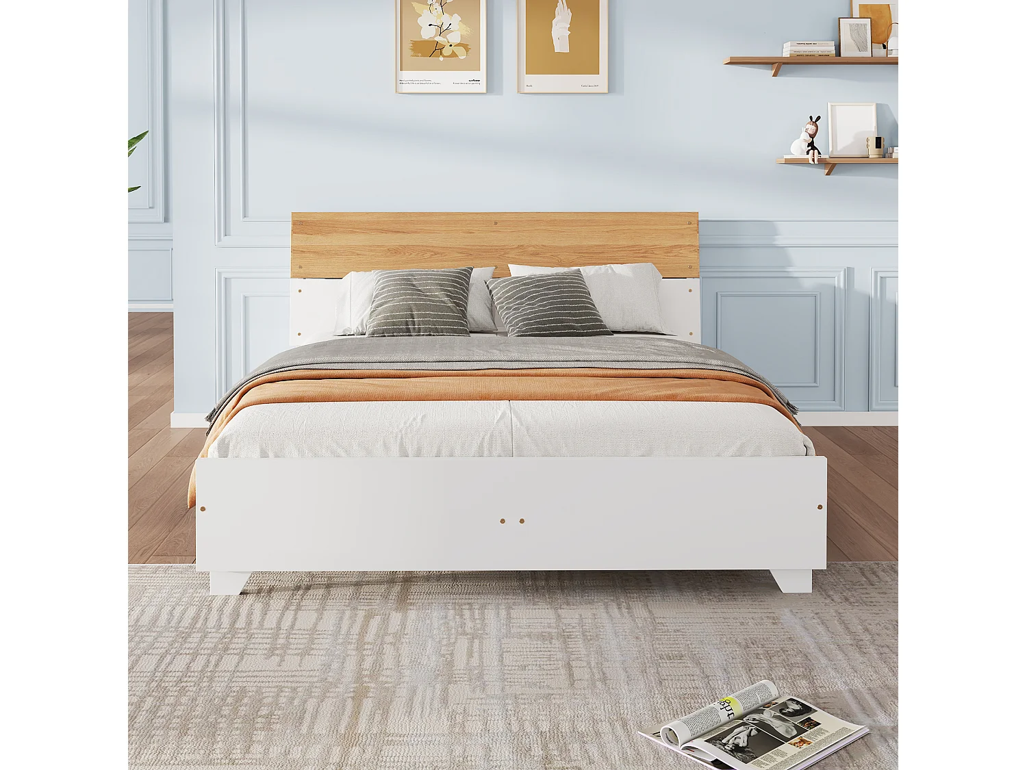 Lit double adulte 160 x 200 cm avec tête de lit aux couleurs contrastées - bois de pin et MDF - Coloris: blanc + naturel