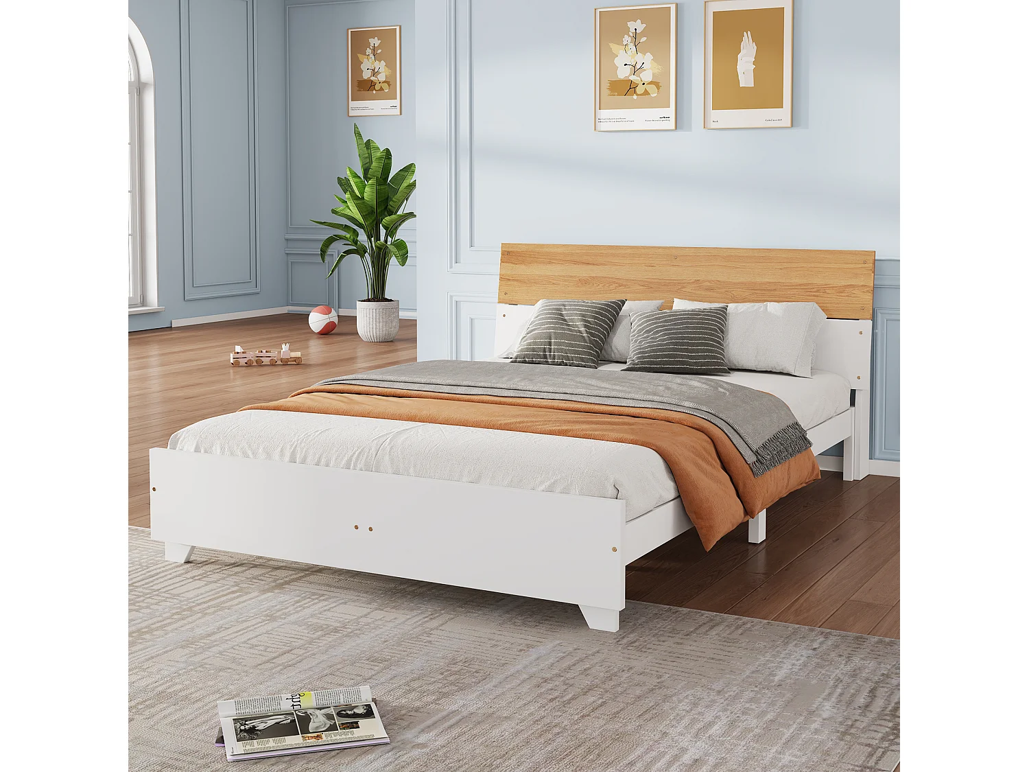 Lit double adulte 160 x 200 cm avec tête de lit aux couleurs contrastées - bois de pin et MDF - Coloris: blanc + naturel