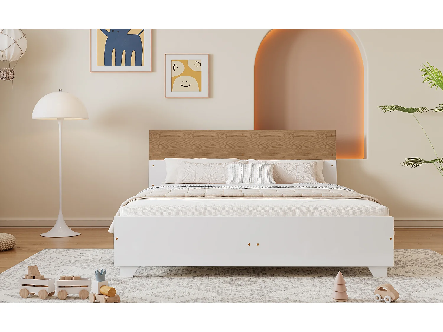 Lit double adulte 160 x 200 cm avec tête de lit aux couleurs contrastées - bois de pin et MDF - Coloris: blanc + naturel