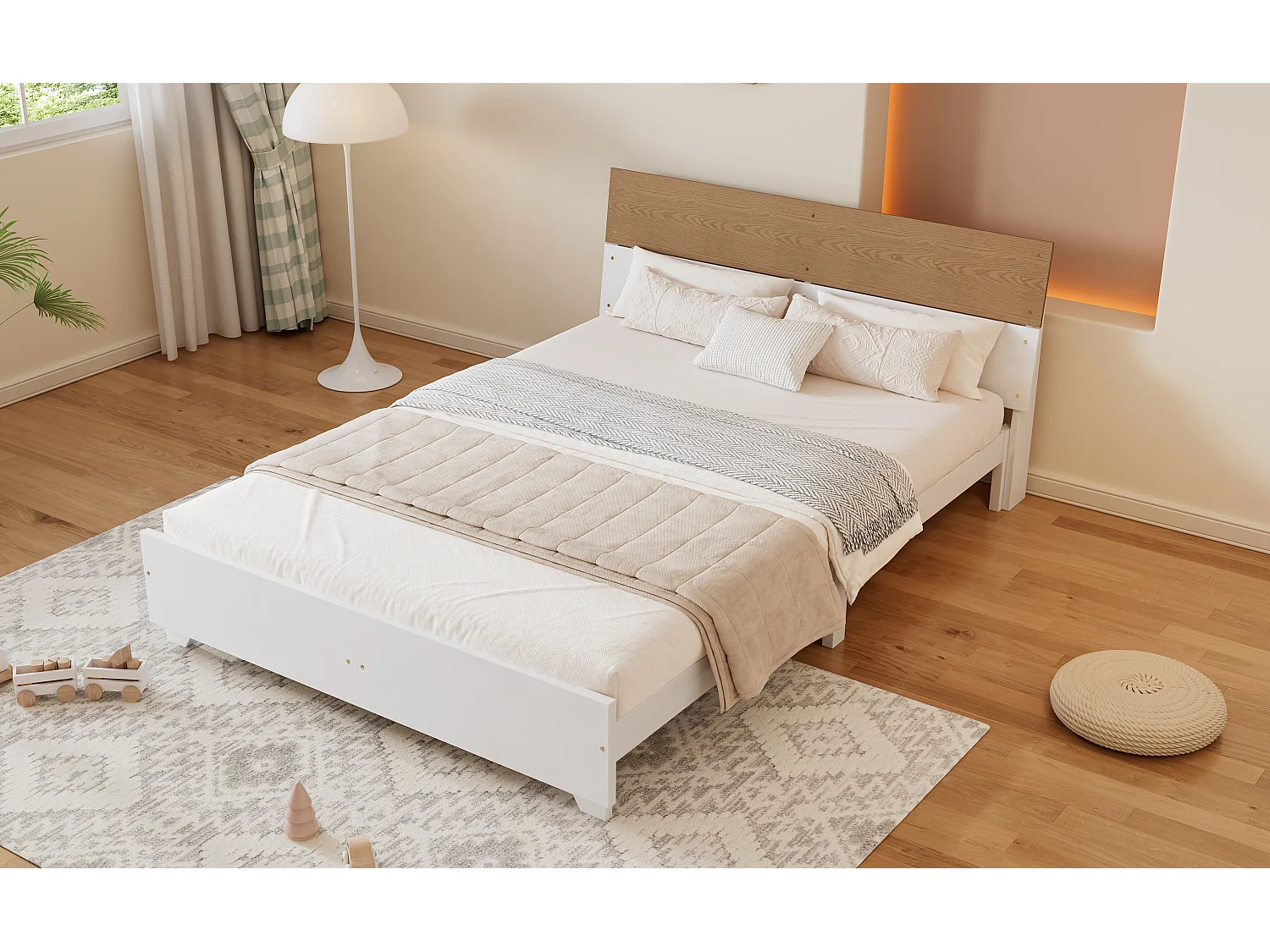 Lit double adulte 160 x 200 cm avec tête de lit aux couleurs contrastées - bois de pin et MDF - Coloris: blanc + naturel