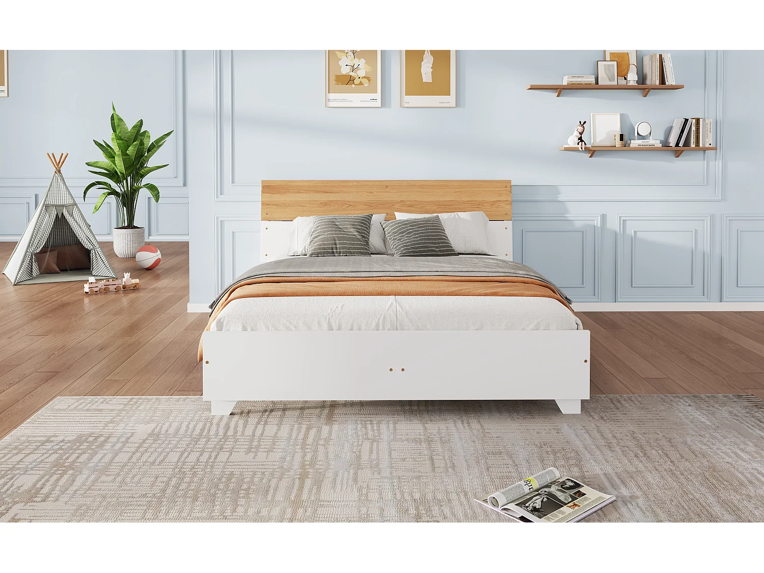 Lit double adulte 160 x 200 cm avec tête de lit aux couleurs contrastées - bois de pin et MDF - Coloris: blanc + naturel