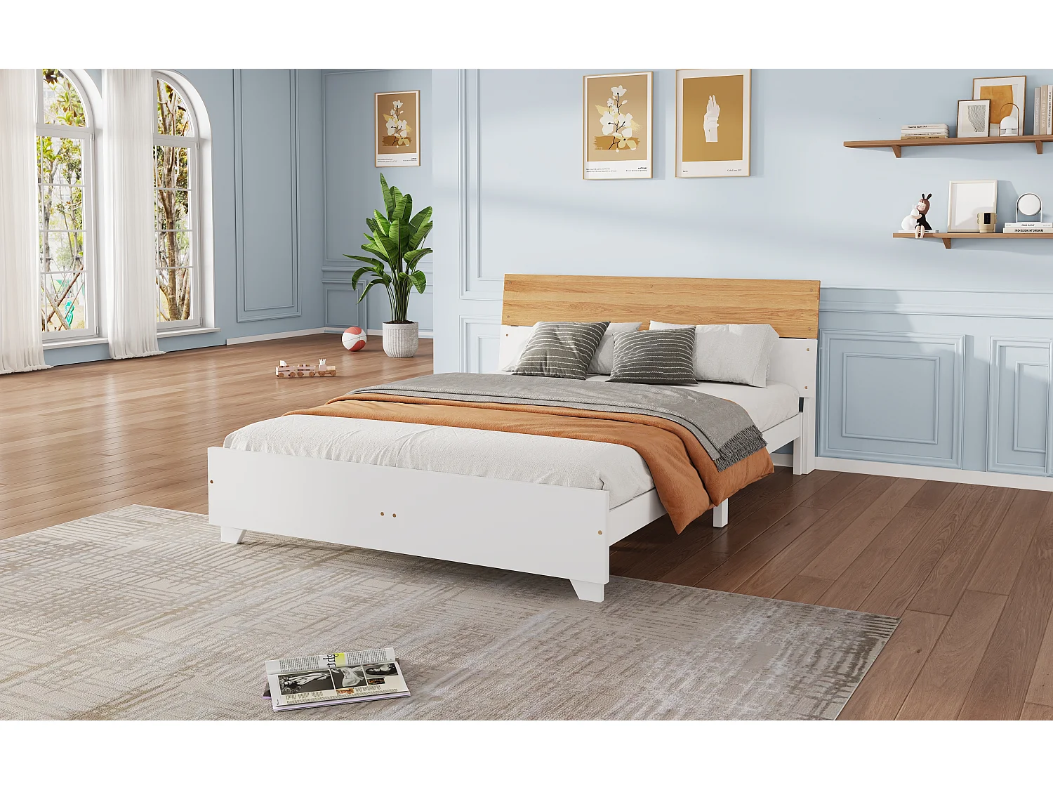 Lit double adulte 160 x 200 cm avec tête de lit aux couleurs contrastées - bois de pin et MDF - Coloris: blanc + naturel