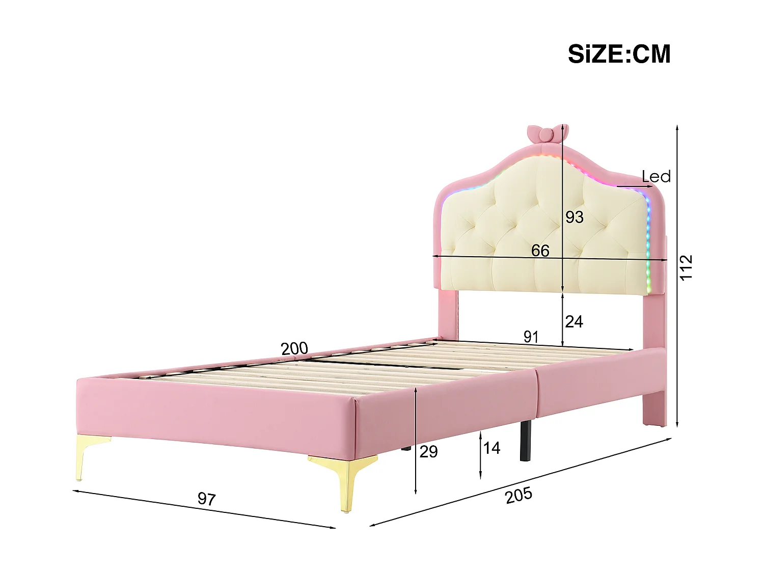 Lit capitonné princesse 90 x 200 cm avec bandes LED multicolores - Cuir PU - Rose
