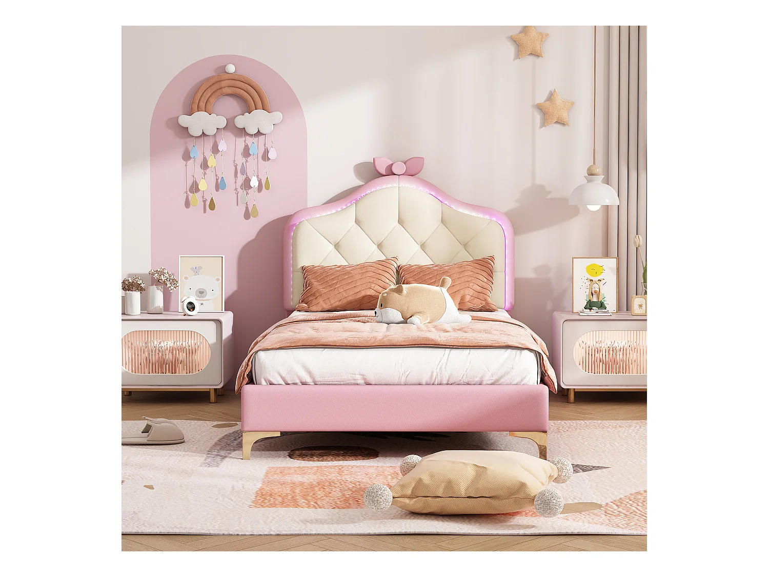 Lit capitonné princesse 90 x 200 cm avec bandes LED multicolores - Cuir PU - Rose