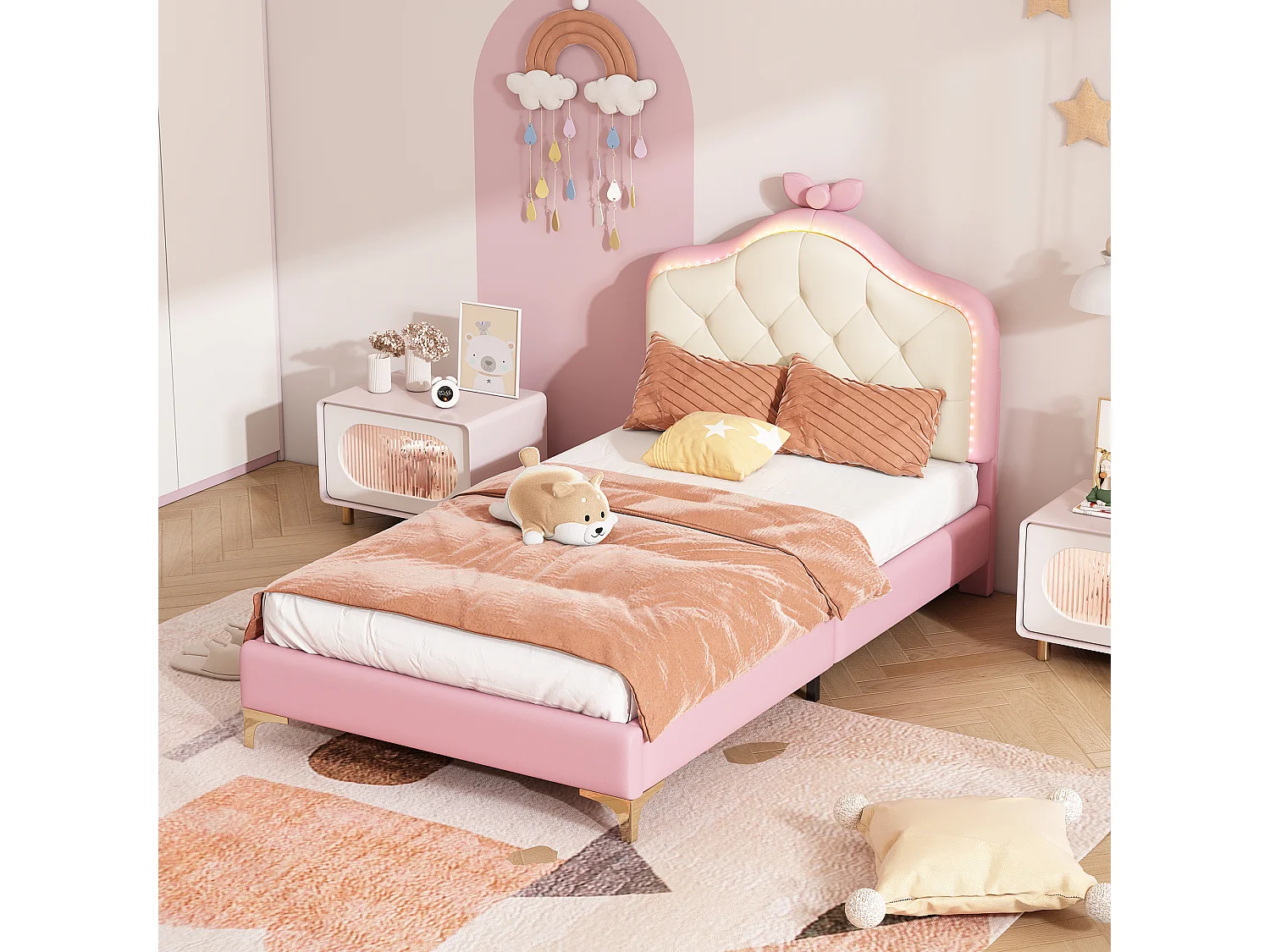 Lit capitonné princesse 90 x 200 cm avec bandes LED multicolores - Cuir PU - Rose