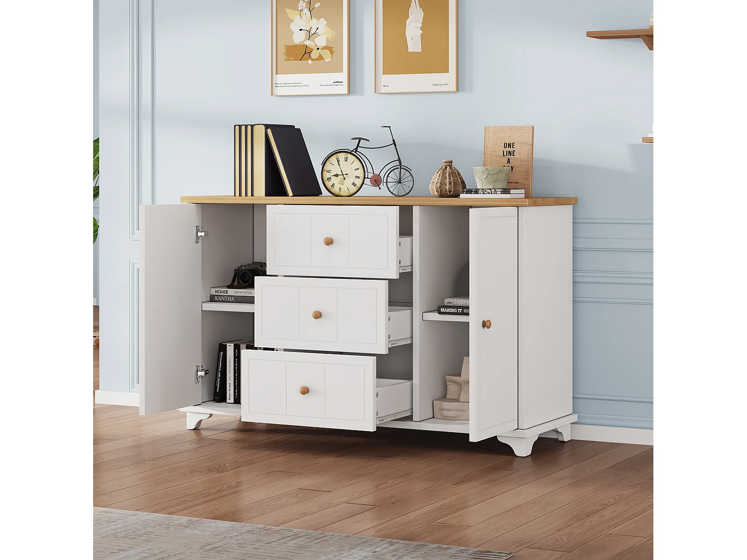 Cómoda clásica, mueble con 3 cajones y 2 puertas, con tiradores naturales, MDF+aglomerado, blanco+natural