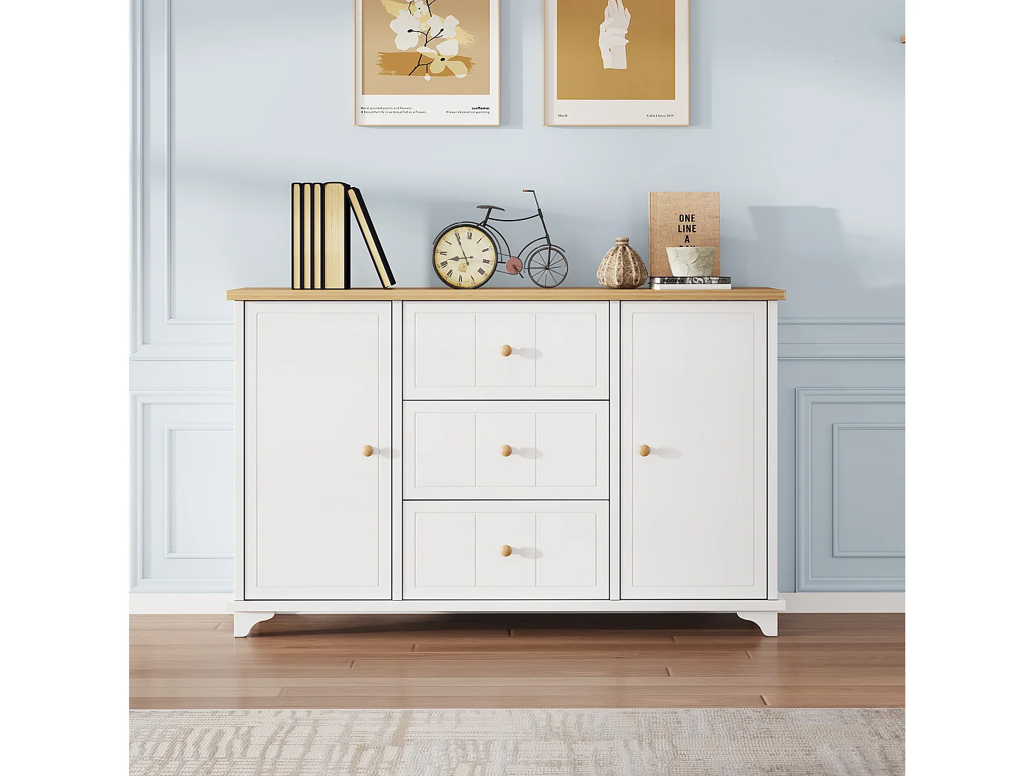 Cómoda clásica, mueble con 3 cajones y 2 puertas, con tiradores naturales, MDF+aglomerado, blanco+natural