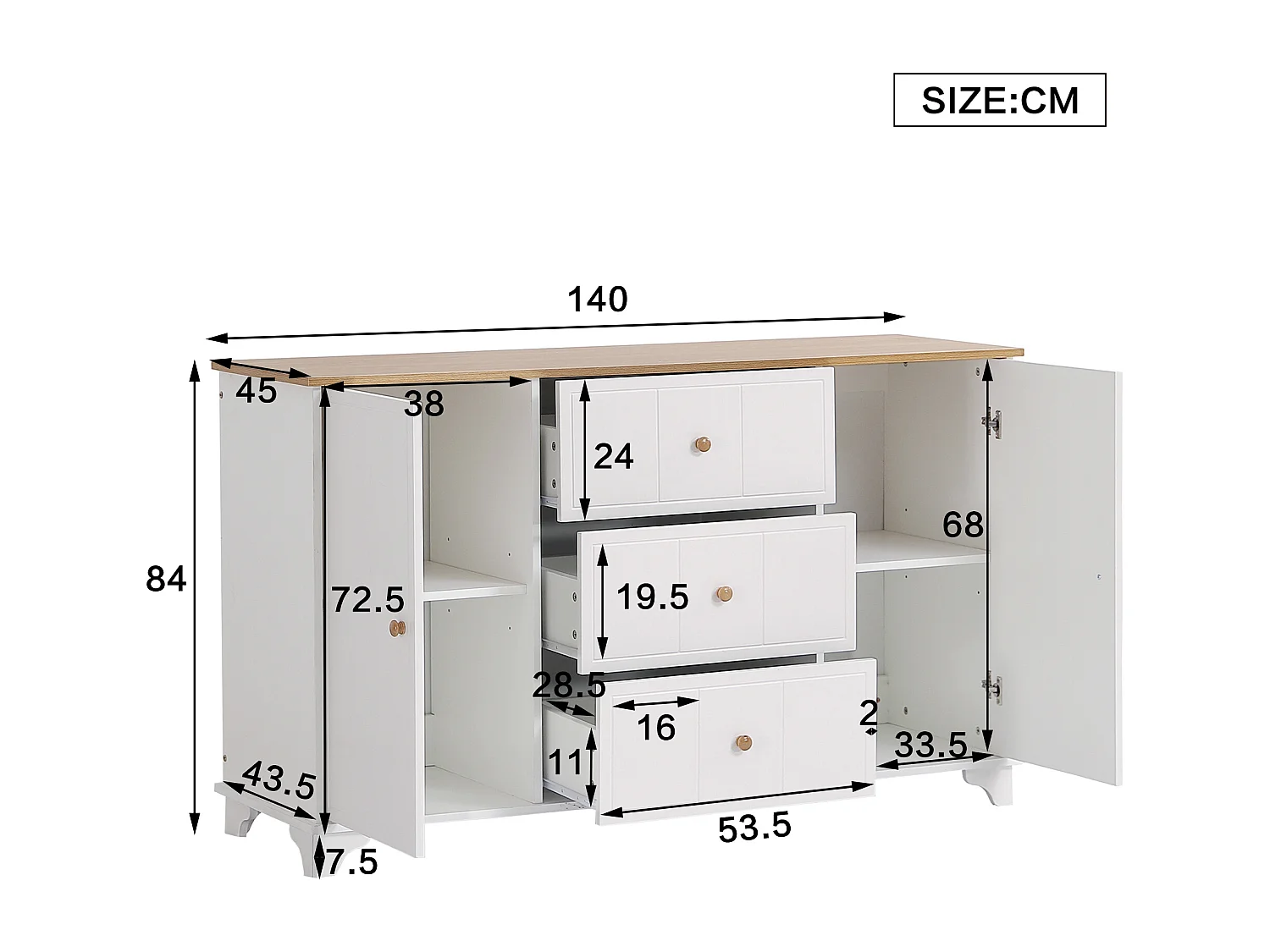 Cómoda clásica, mueble con 3 cajones y 2 puertas, con tiradores naturales, MDF+aglomerado, blanco+natural