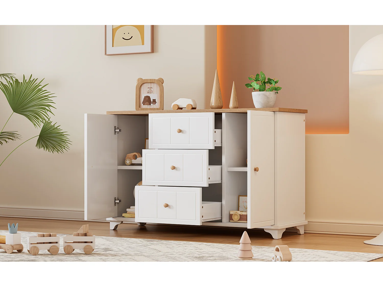 Cómoda clásica, mueble con 3 cajones y 2 puertas, con tiradores naturales, MDF+aglomerado, blanco+natural