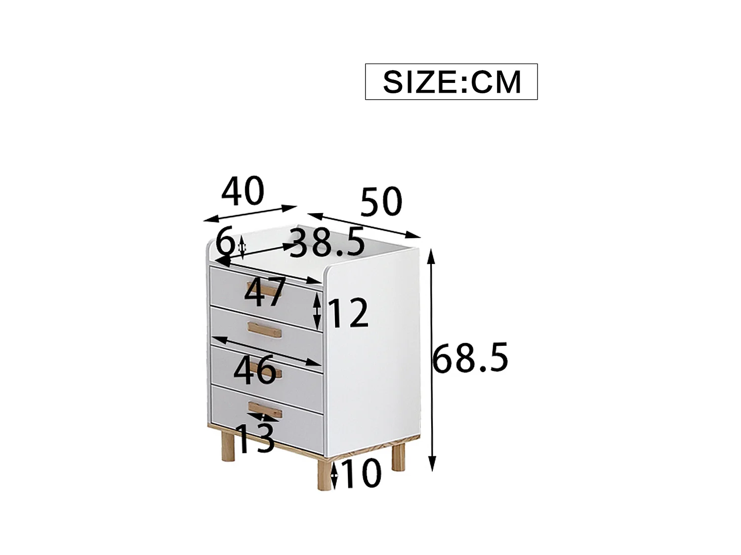 Ladekast met 4 laden - grenenhout en MDF - 50 x 40 x 68,5 cm - wit + natuurlijke kleur
