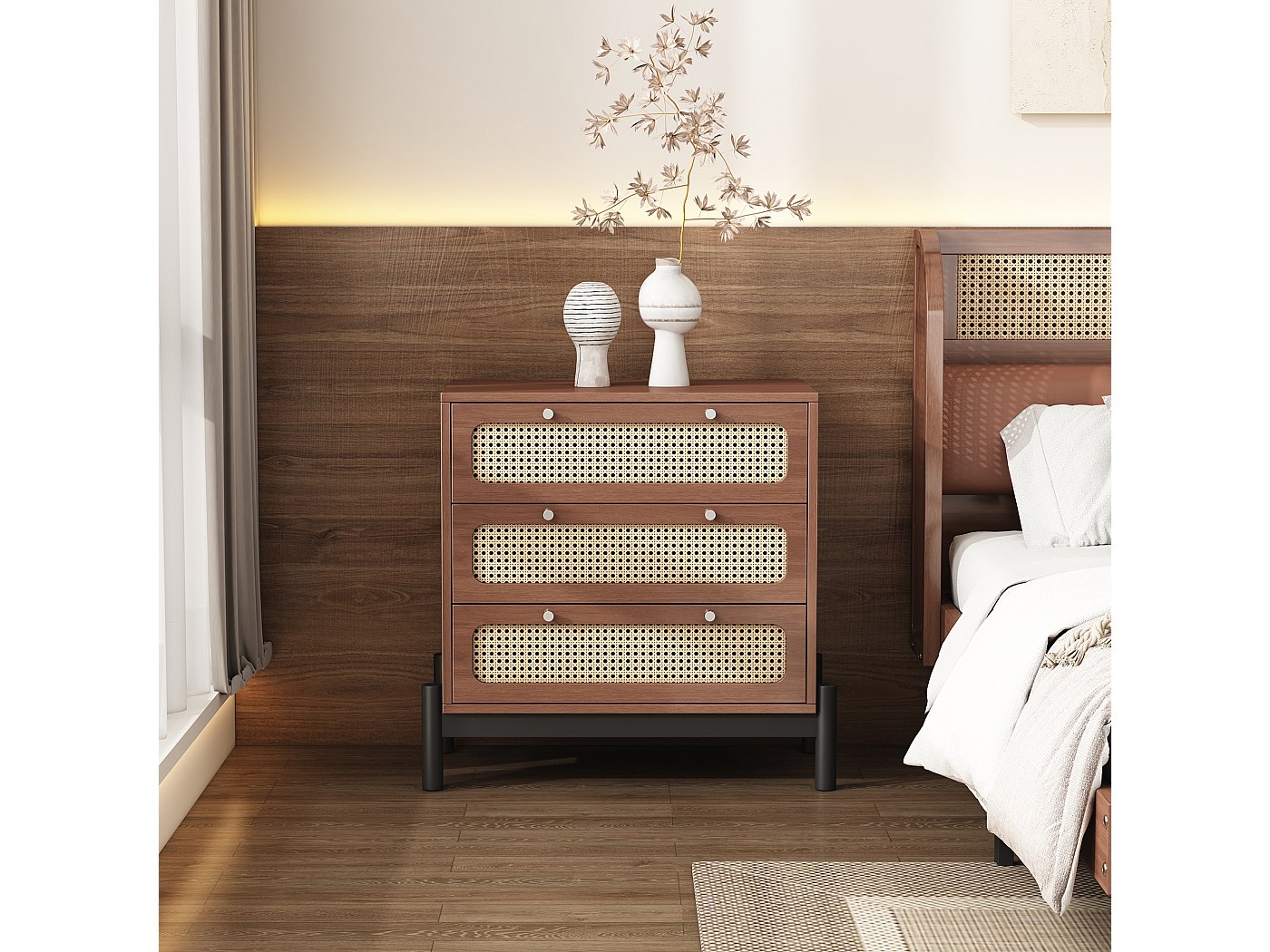 Merax Commode Avec 3 Tiroirs Et 2 Portes, Buffet En Rotin, Meuble TV Haut Avec Beaucoup D'espace