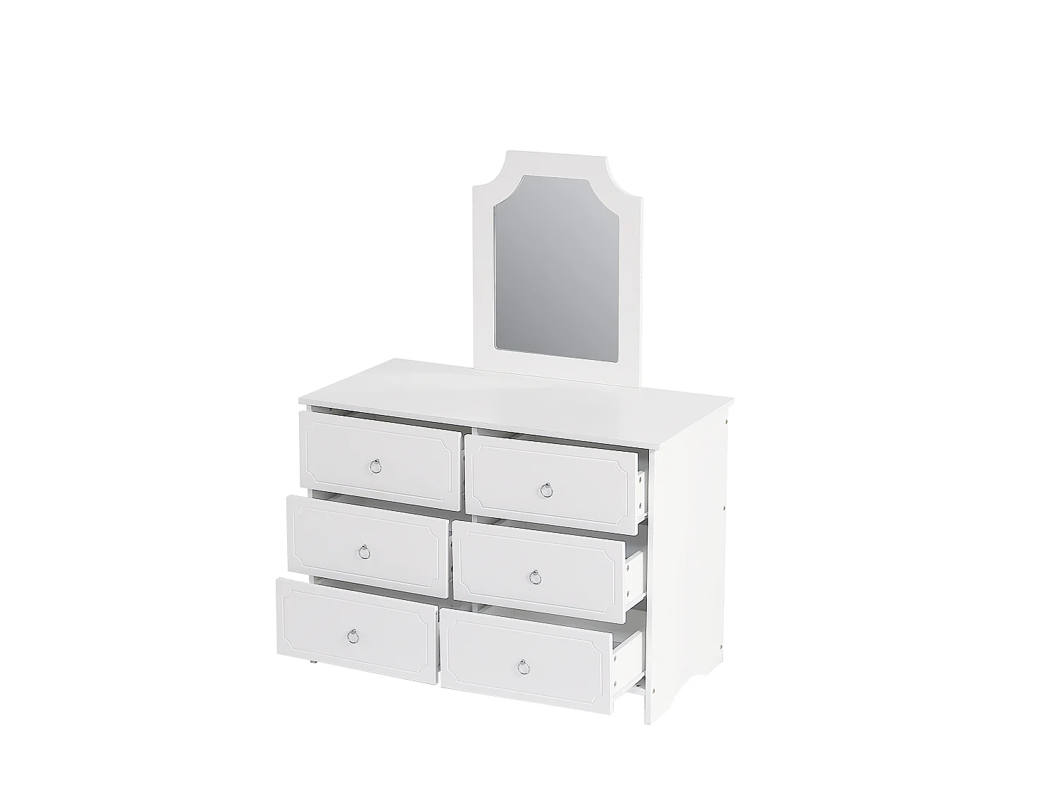 Armário com espelho, cómoda com 6 gavetas, espelho removível, deslizamento silencioso, MDF + aglomerado, branco