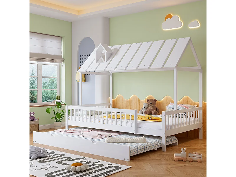 Lit cabane 120 x 200 cm avec lit gigogne 120 x 190 cm - Bois de pin + MDF - Blanc