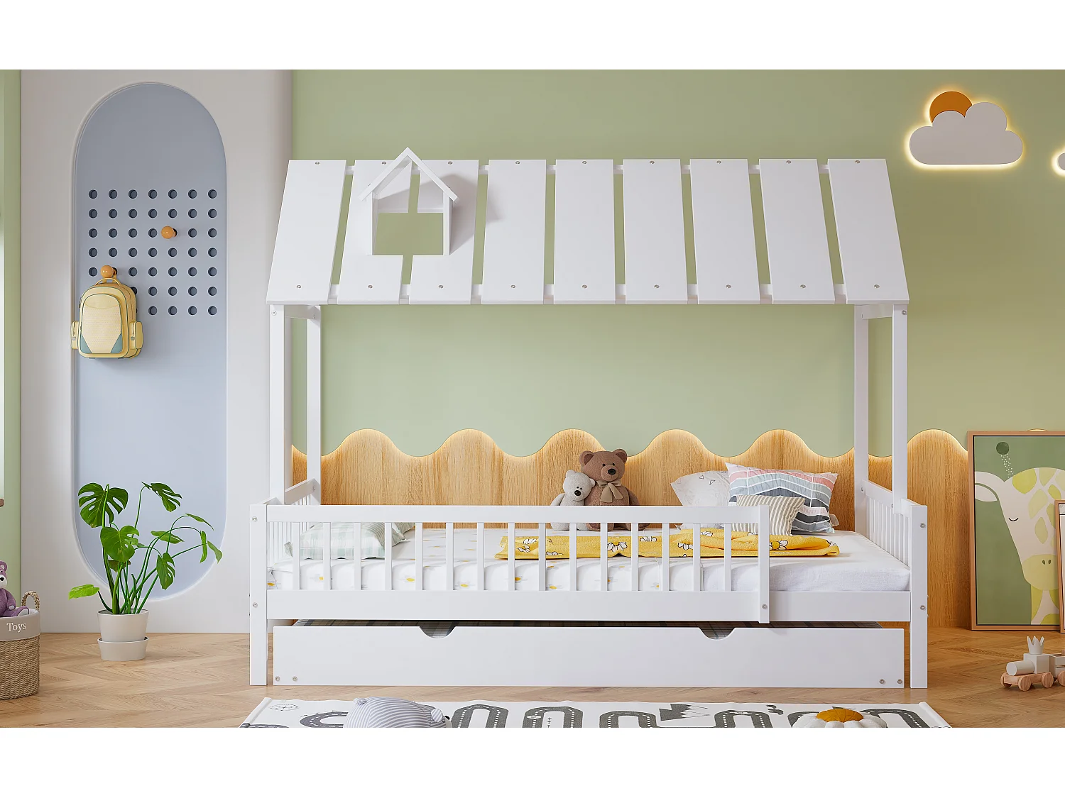 Łóżko kabinowe 120 x 200 cm z łóżkiem wysuwanym 120 x 190 cm - Drewno sosnowe + MDF - Białe