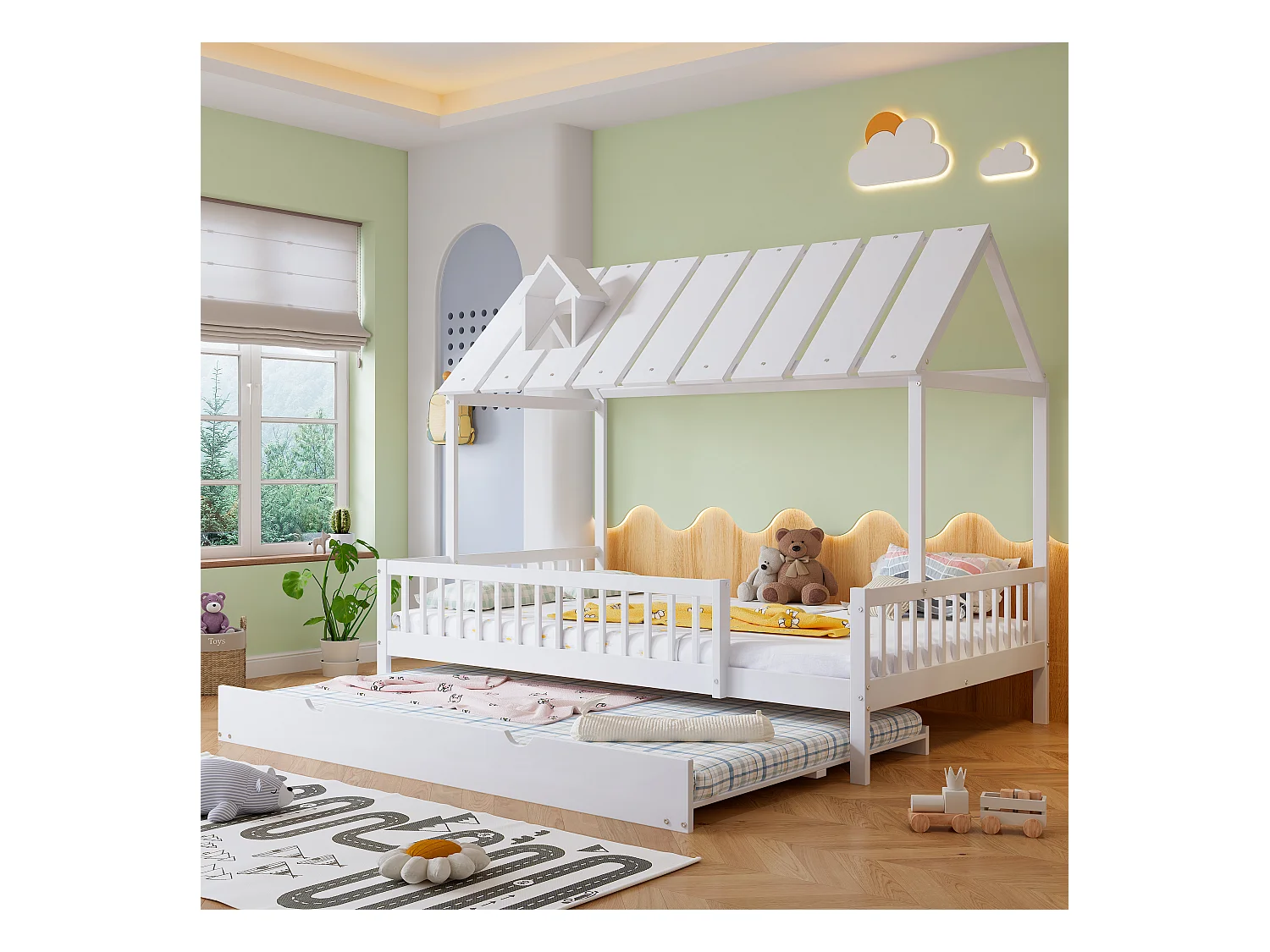 Lit cabane 120 x 200 cm avec lit gigogne 120 x 190 cm - Bois de pin + MDF - Blanc
