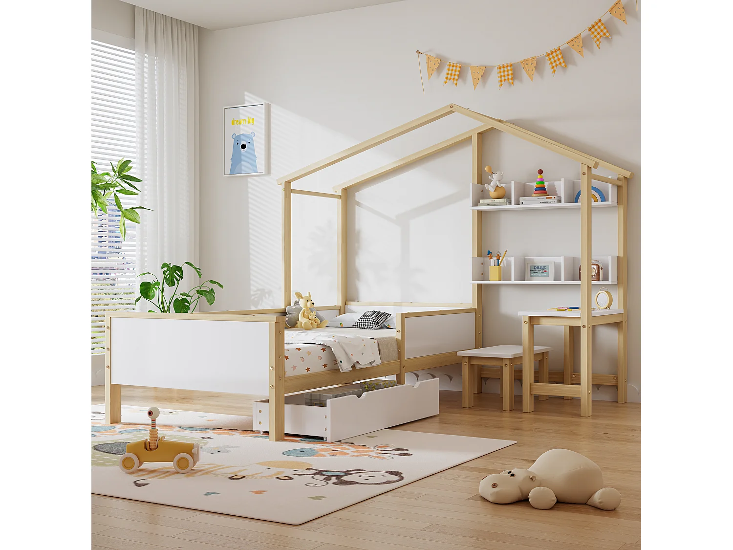 Cama cabine infantil 90 x 200 cm com gaveta e prateleiras - mesa e banqueta - madeira de pinho + MDF - branco+natural