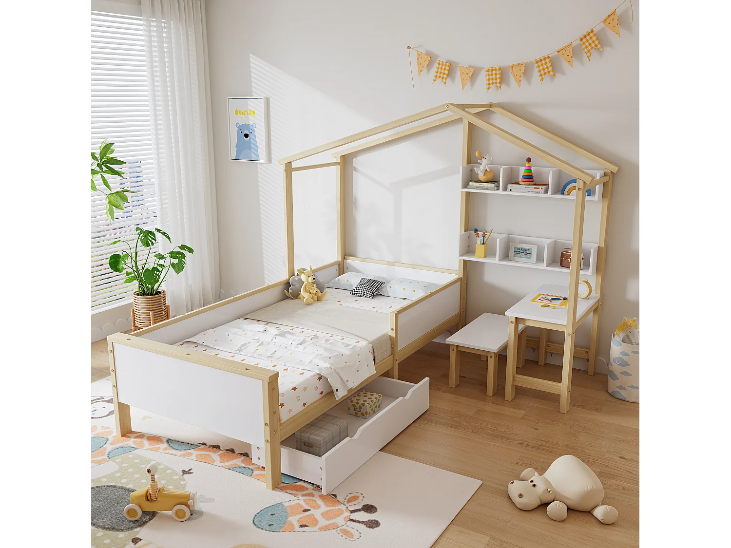 Cama cabine infantil 90 x 200 cm com gaveta e prateleiras - mesa e banqueta - madeira de pinho + MDF - branco+natural