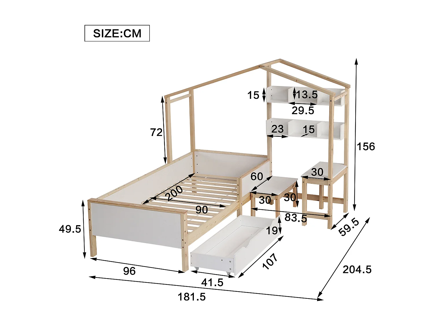 Cama cabine infantil 90 x 200 cm com gaveta e prateleiras - mesa e banqueta - madeira de pinho + MDF - branco+natural