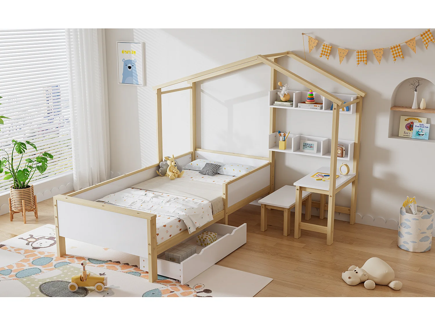 Cama cabine infantil 90 x 200 cm com gaveta e prateleiras - mesa e banqueta - madeira de pinho + MDF - branco+natural